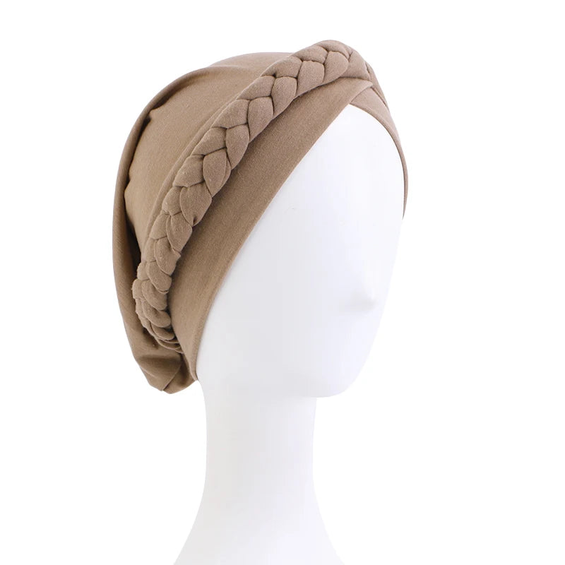 Muslim Braid Turban Cap For Women Stretchy Wrap Cover Cancer Chemo Islamic Arab Cap Headwear Hat Hair Loss Bonnet Beanies