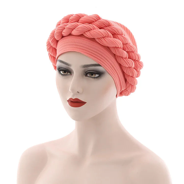 Solid Color Double Braids Turban Caps for Women Rippled Muslim Headwear Braid Hat Islamic Female Head Wrap Bonnet Turbante Mujer