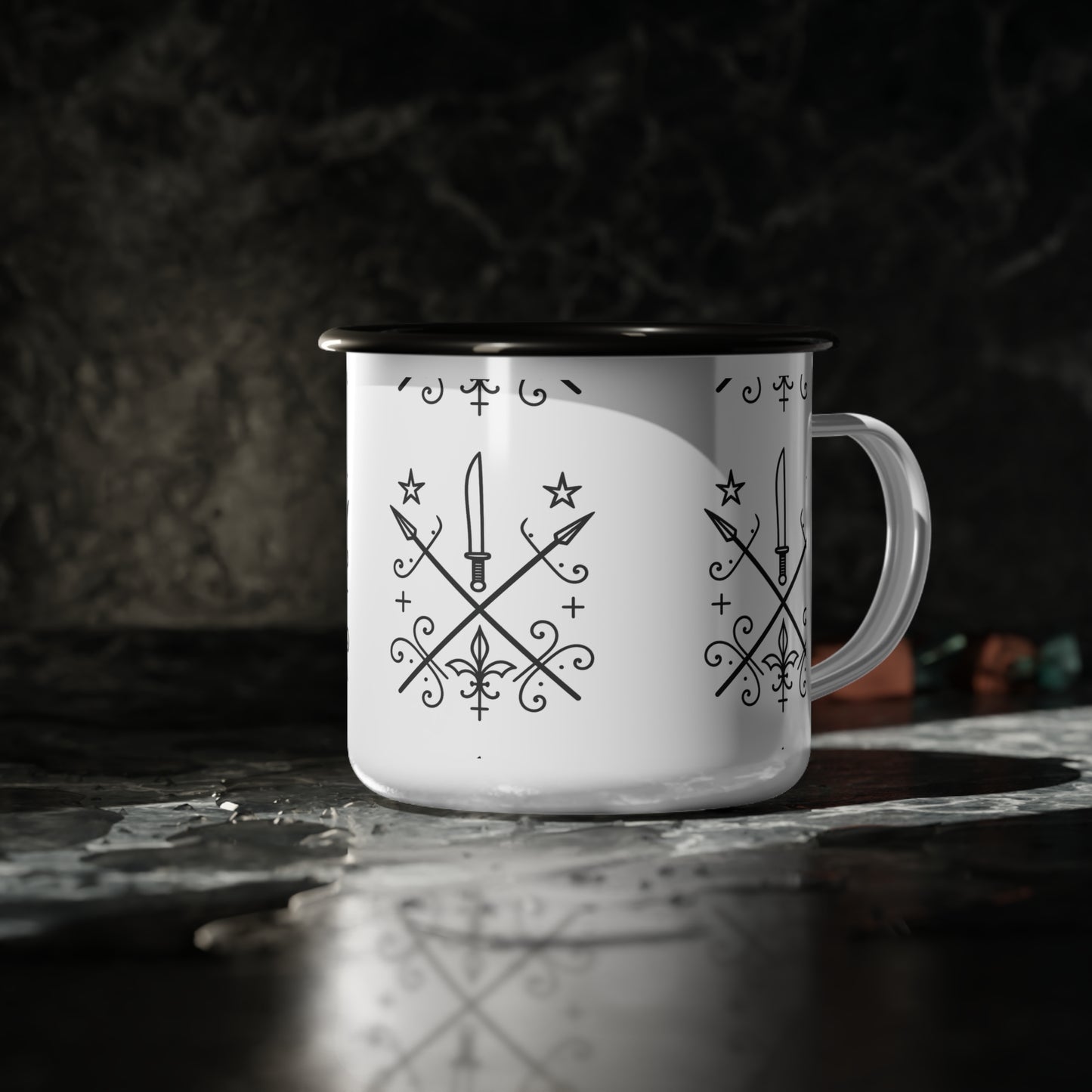 Enamel Camp Cup with Vintage Style Design, Outdoor Mug, Travel Cup, Camping Gift, Boho Mug, Picnic Drinkware