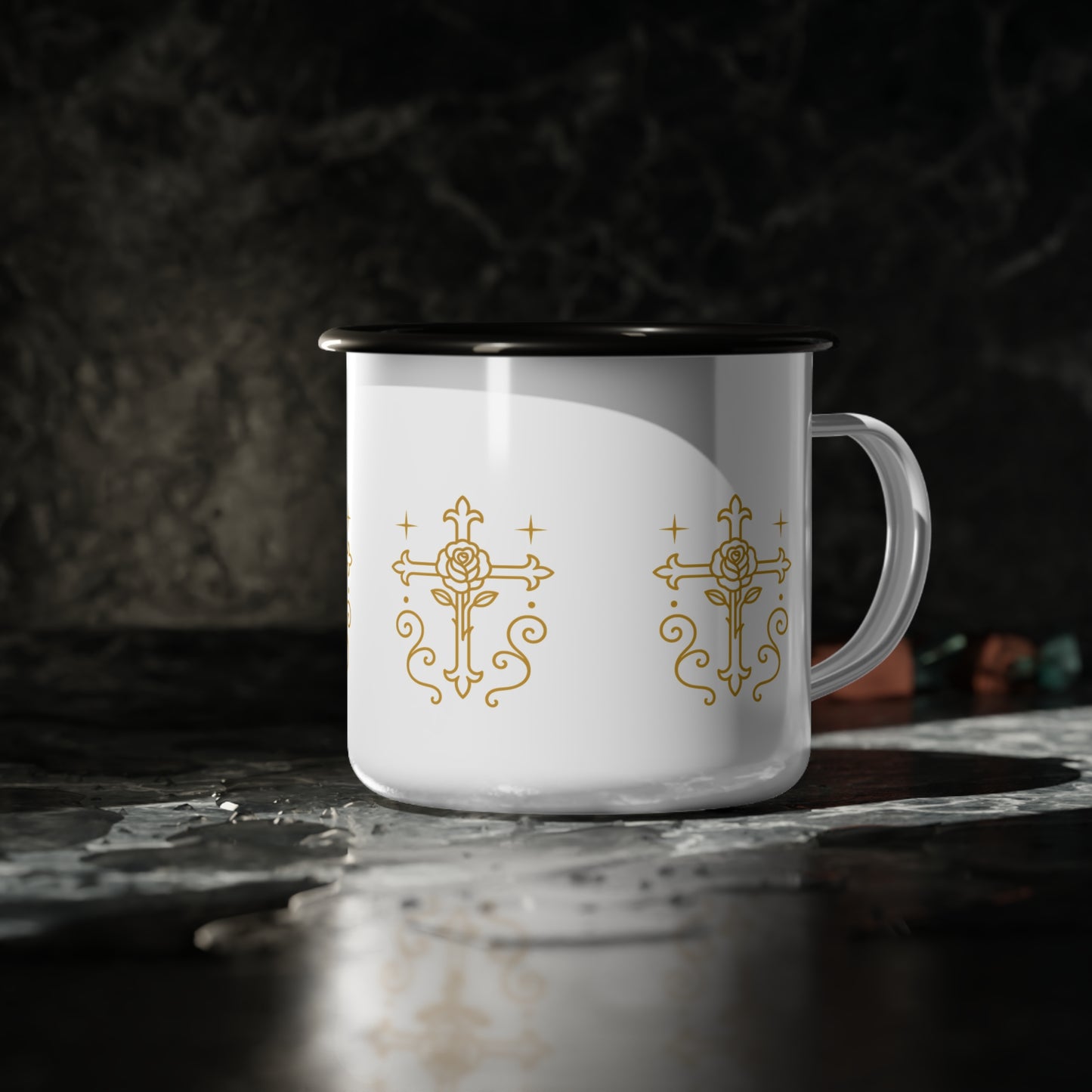 Rustic Cross & Rose Enamel Camp Cup | Boho Camping Mug, Outdoor Coffee Mug, Gift for Her, Nature Lover's Drinkware
