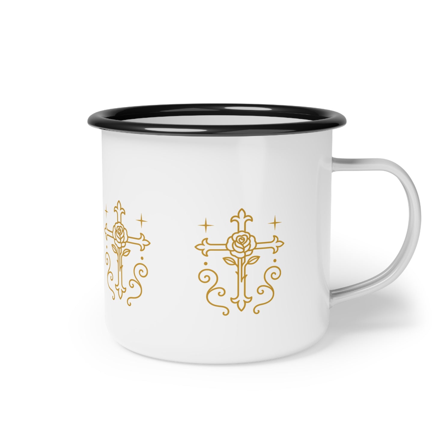 Rustic Cross & Rose Enamel Camp Cup | Boho Camping Mug, Outdoor Coffee Mug, Gift for Her, Nature Lover's Drinkware