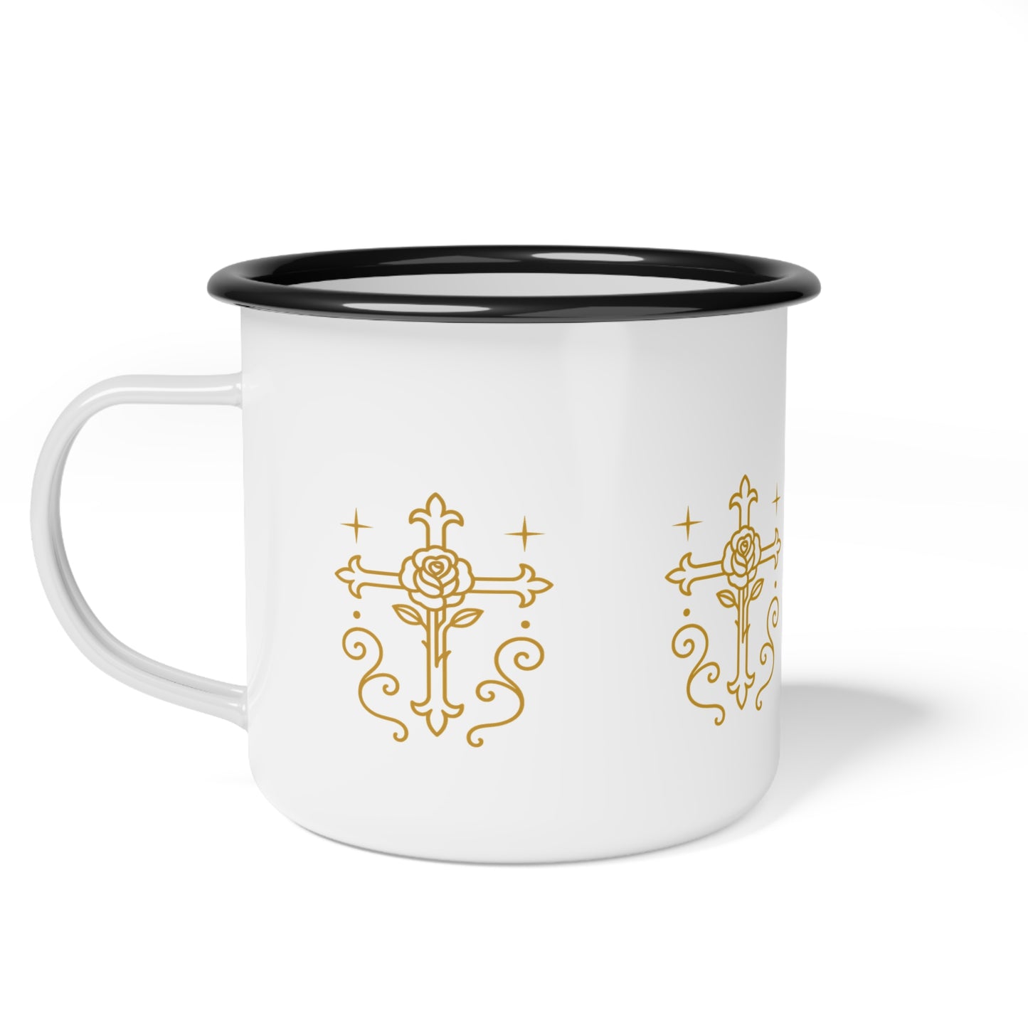 Rustic Cross & Rose Enamel Camp Cup | Boho Camping Mug, Outdoor Coffee Mug, Gift for Her, Nature Lover's Drinkware
