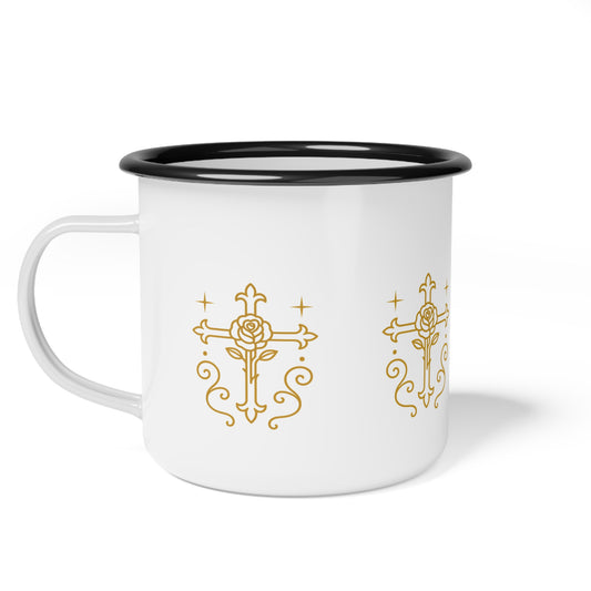Rustic Cross & Rose Enamel Camp Cup | Boho Camping Mug, Outdoor Coffee Mug, Gift for Her, Nature Lover's Drinkware