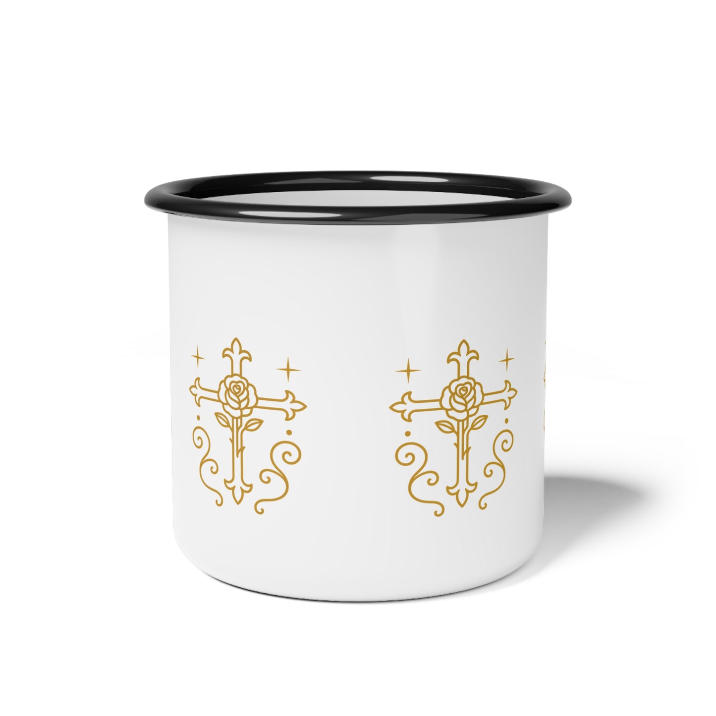 Rustic Cross & Rose Enamel Camp Cup | Boho Camping Mug, Outdoor Coffee Mug, Gift for Her, Nature Lover's Drinkware