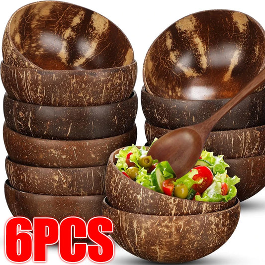 6/1PCS Natural Coconut Bowl Set Wooden Salad Ramen Bowl Coconut Wood Spoon Set Coco Smoothie Kitchen Tableware Coconut Bowl